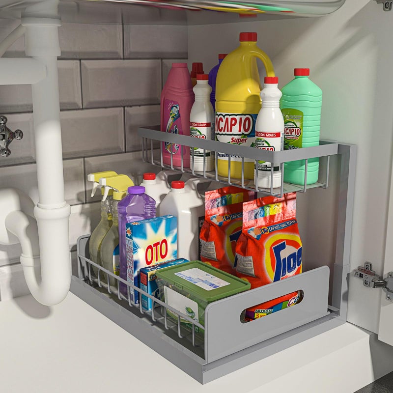 REALINN Under Sink Organizer, Pull Out Cabinet Organizer 2 Tier Slide Out Sink Shelf Cabinet Storage Shelves, Storage for Kitchen Bathroom, Grey, 1 Pack - Image 1