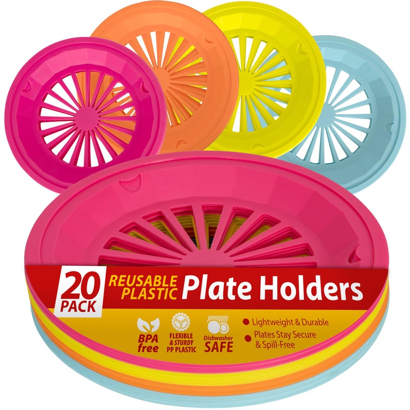 Besti Reusable Plastic Paper Plate Holders 10 Inch 20 Piece Round Plastic Paper Plate Holder Set with SnapIn Grooves Dishwasher Safe 4 Assorted Colors