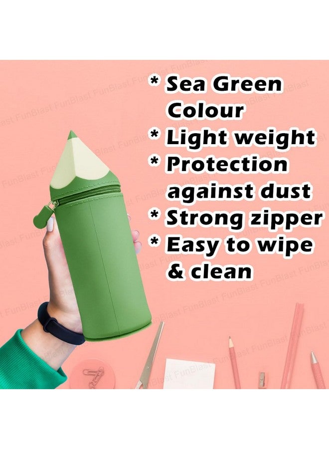 فنبلاست حقيبة فن بلاست على شكل قلم رصاص - حافظة أقلام سيليكون متعددة الأغراض بسحاب، حقيبة أقلام وأقلام رصاص للوازم المدرسية، حقيبة تنظيم أدوات مكتبية للبنات (أخضر بحري) - Image 3