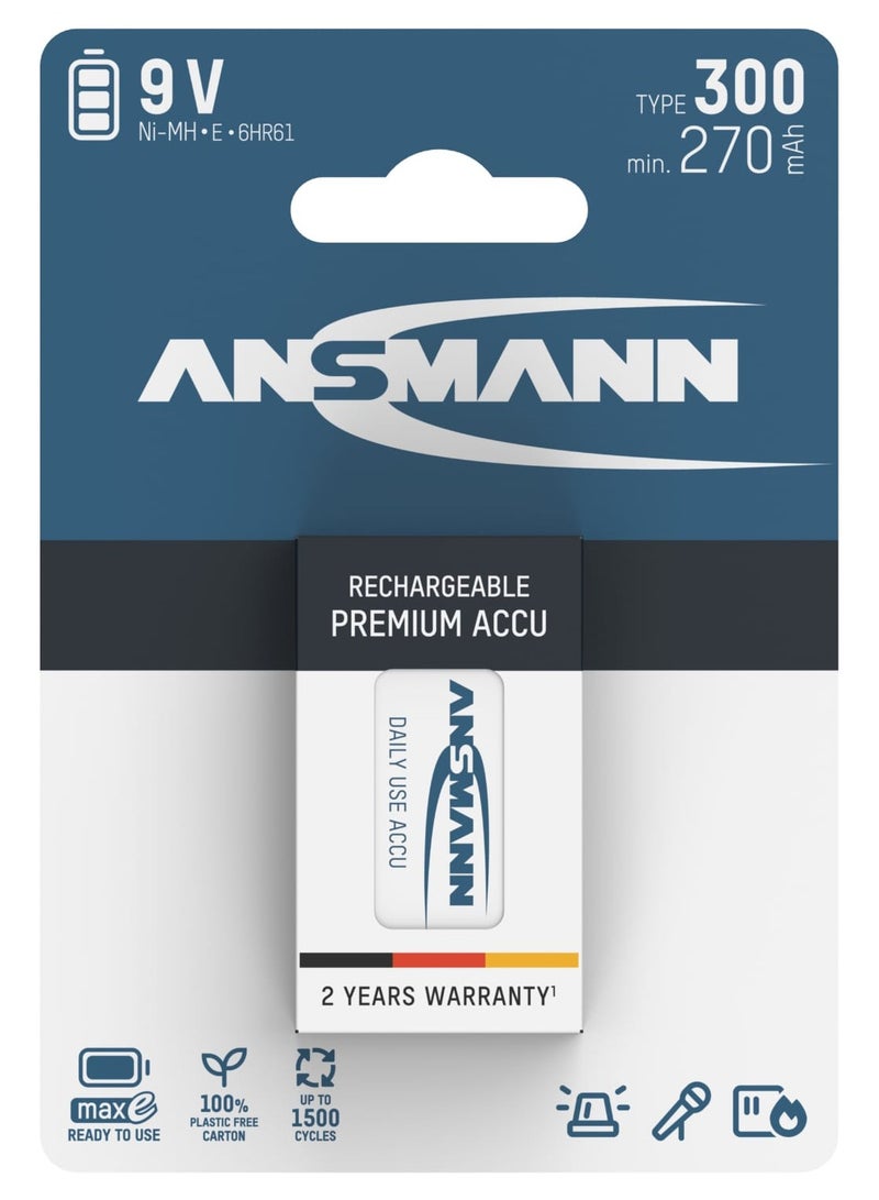 ANSMANN بطارية قابلة لإعادة الشحن 9 فولت - 300 مللي أمبير في الساعة Nimh ذات تفريغ ذاتي منخفض بتقنية Maxe - Image 1