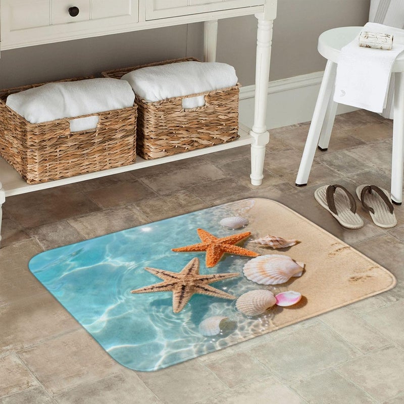 Poream Nautical Coastal Bath Mats for Bathroom, Soft Absorbent Starfish Seashell Coral Beach Bath Rug Non-Slip Floor Rug Carpets for Kitchen Laundry Bedroom Living Room Decoration - Image 4