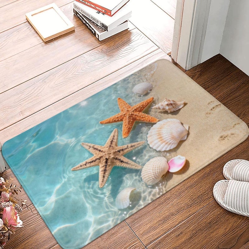 Poream Nautical Coastal Bath Mats for Bathroom, Soft Absorbent Starfish Seashell Coral Beach Bath Rug Non-Slip Floor Rug Carpets for Kitchen Laundry Bedroom Living Room Decoration - Image 1