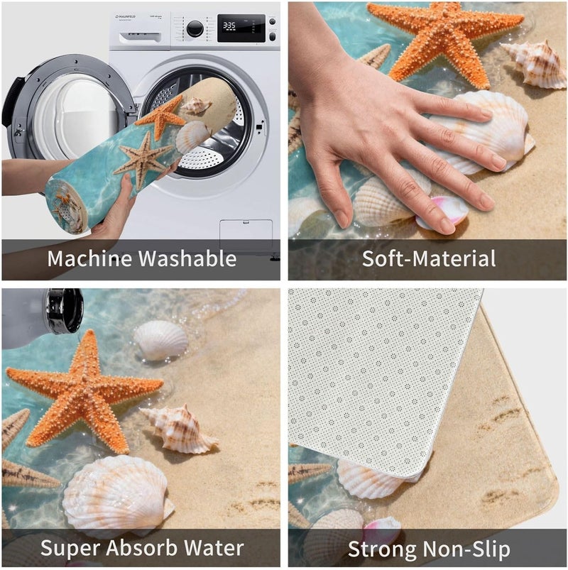 Poream Nautical Coastal Bath Mats for Bathroom, Soft Absorbent Starfish Seashell Coral Beach Bath Rug Non-Slip Floor Rug Carpets for Kitchen Laundry Bedroom Living Room Decoration - Image 5