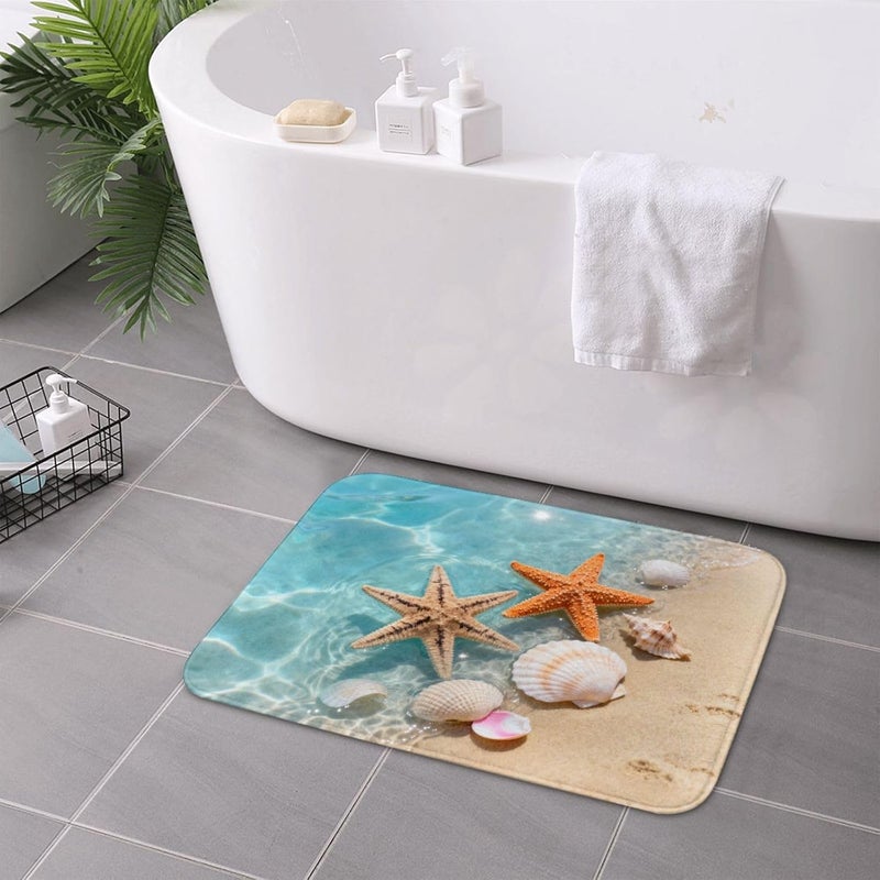 Poream Nautical Coastal Bath Mats for Bathroom, Soft Absorbent Starfish Seashell Coral Beach Bath Rug Non-Slip Floor Rug Carpets for Kitchen Laundry Bedroom Living Room Decoration - Image 3