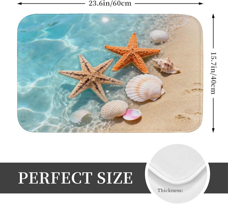 Poream Nautical Coastal Bath Mats for Bathroom, Soft Absorbent Starfish Seashell Coral Beach Bath Rug Non-Slip Floor Rug Carpets for Kitchen Laundry Bedroom Living Room Decoration - Image 2