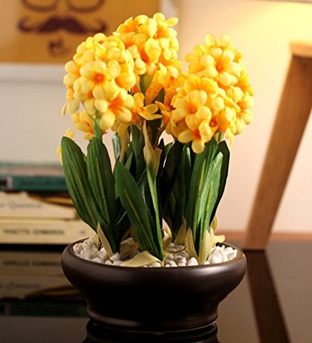 Fourwalls Artificial Hyacinth Flower Bonsai Plant in a Ceramic Vase for Home and Office Decor 26 cm Tall Yellow - Image 1