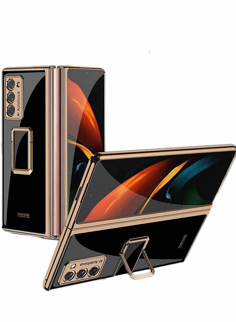 Y&D Case for Samsung Galaxy Z Fold 2 5G Plating Glass All-Inclusive Hard Shell Compatible Cover with 360° Rotable Magnetic Ring Stand (Black) - Image 1