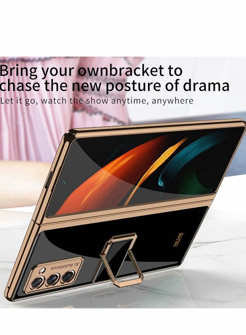 Y&D Case for Samsung Galaxy Z Fold 2 5G Plating Glass All-Inclusive Hard Shell Compatible Cover with 360° Rotable Magnetic Ring Stand (Black) - Image 2