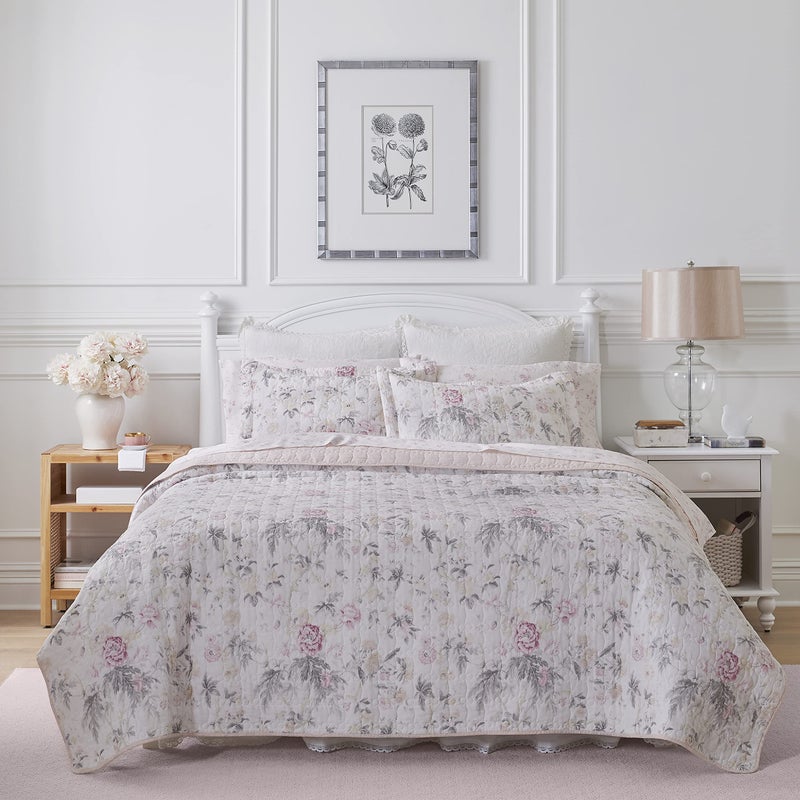 LAURA ASHLEY Laura Ashley  King Quilt Set Reversible Cotton Bedding with Matching Shams Lightweight Home Decor for All Seasons Breezy Floral PinkGrey King