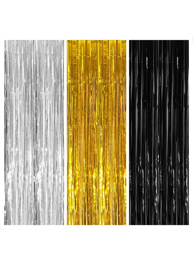 KATCHON Xtralarge Silver Black And Gold Fringe Curtain Backdrop 8X3.2 Feet Pack Of 3 Silver Black And Gold Streamers For Notorious One Birthday Decorations Happy New Years Decorations 2024  - Image 1