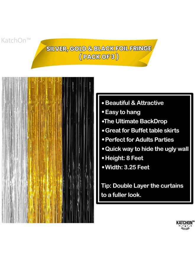 KATCHON Xtralarge Silver Black And Gold Fringe Curtain Backdrop 8X3.2 Feet Pack Of 3 Silver Black And Gold Streamers For Notorious One Birthday Decorations Happy New Years Decorations 2024  - Image 5
