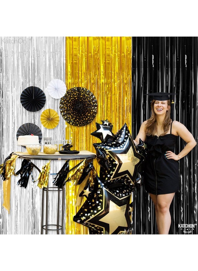 KATCHON Xtralarge Silver Black And Gold Fringe Curtain Backdrop 8X3.2 Feet Pack Of 3 Silver Black And Gold Streamers For Notorious One Birthday Decorations Happy New Years Decorations 2024  - Image 3