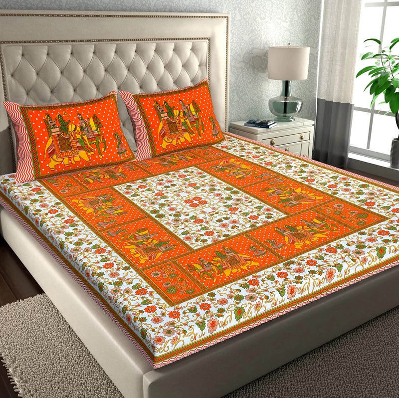 RajasthaniKart® Pure 100% Cotton Double Bed Sheet with 2 Pillow Covers (Bedsheet for Double Bed Cotton, Orange, ElephantPrint) - Image 1
