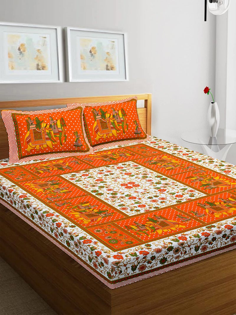 RajasthaniKart® Pure 100% Cotton Double Bed Sheet with 2 Pillow Covers (Bedsheet for Double Bed Cotton, Orange, ElephantPrint) - Image 2