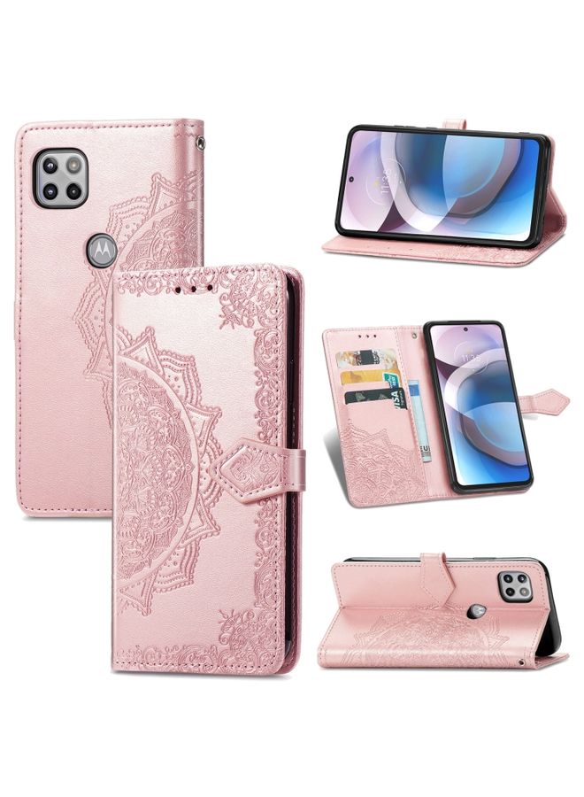 HuHa Case Cover For For Motorola Moto One 5G Ace Mandala Flower Embossed Horizontal Flip Leather Case with Holder & Three Card Slots & Wallet & Lanyard(Rose Gold) 