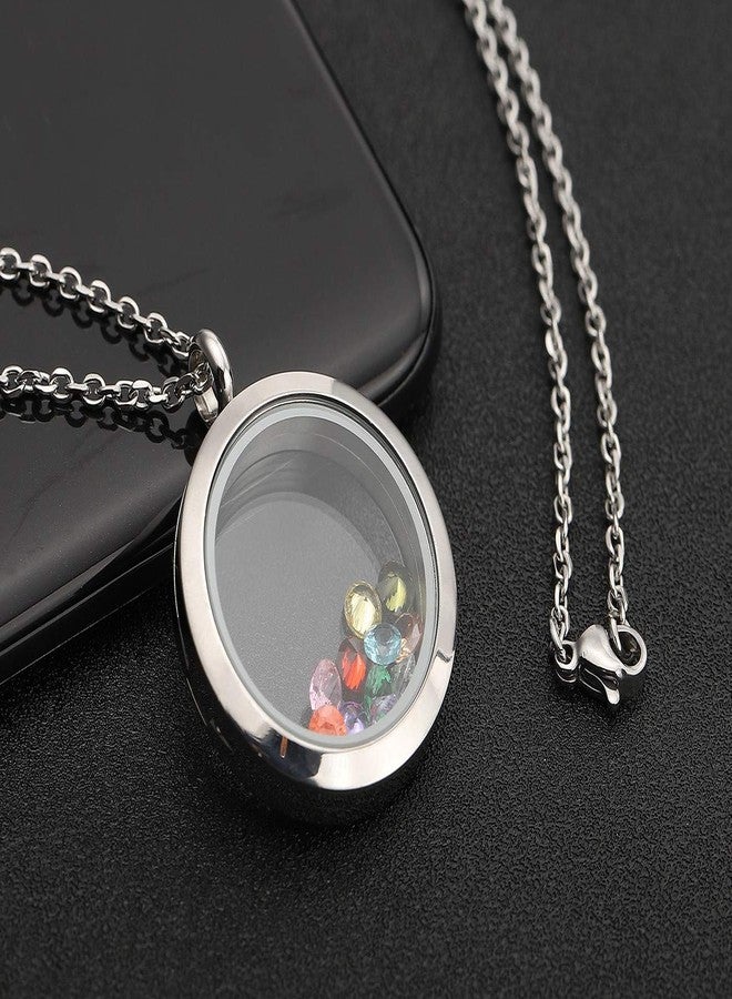 PiercingJ Living Memory Floating Locket Pendant Necklace Polished Round Stainless Steel Memorial Keepsake Glass Locket Necklace for Women, Free 12pcs Cubic Zirconia Birthstone - Image 3