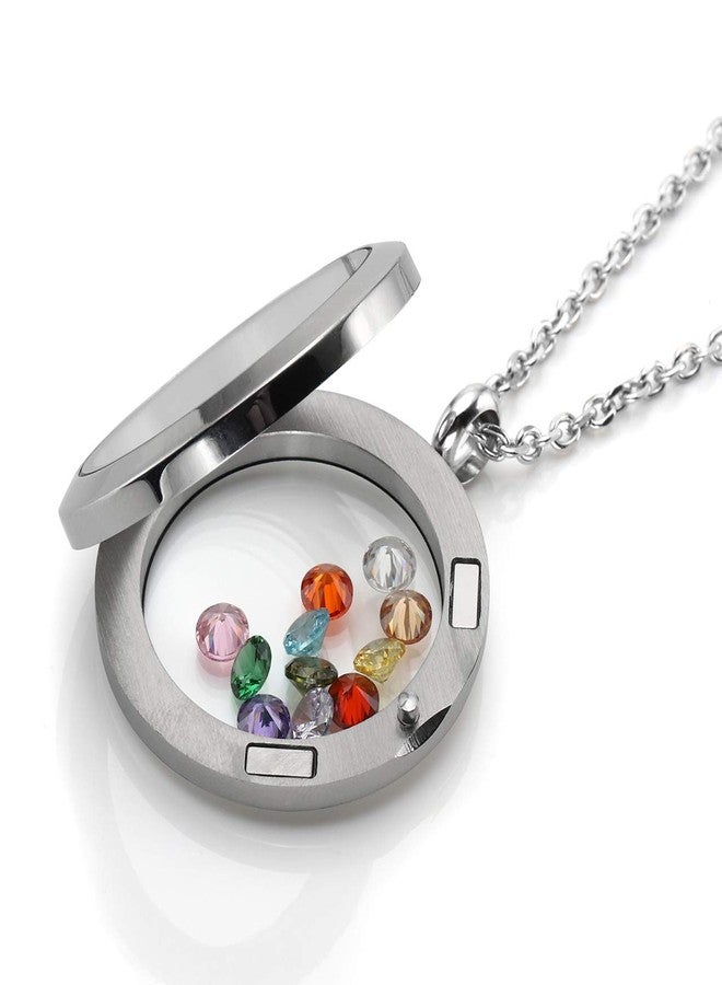 PiercingJ Living Memory Floating Locket Pendant Necklace Polished Round Stainless Steel Memorial Keepsake Glass Locket Necklace for Women, Free 12pcs Cubic Zirconia Birthstone - Image 2
