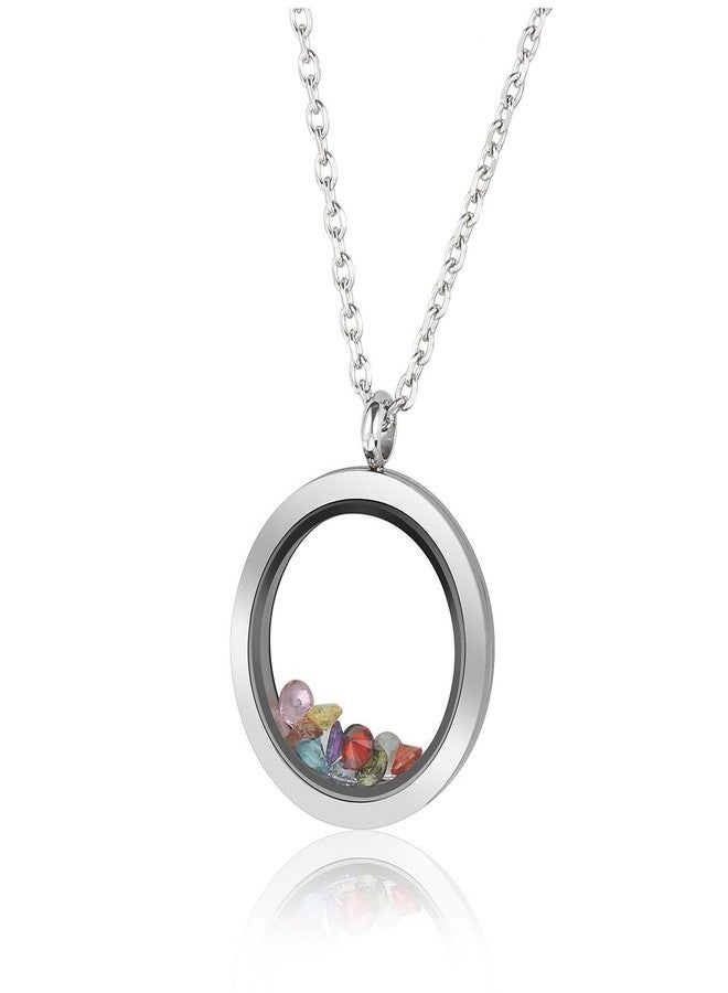 PiercingJ Living Memory Floating Locket Pendant Necklace Polished Round Stainless Steel Memorial Keepsake Glass Locket Necklace for Women, Free 12pcs Cubic Zirconia Birthstone - Image 1