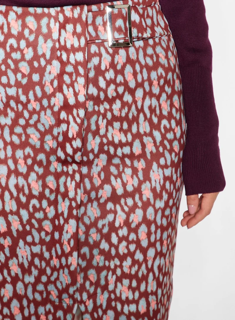 LOST INK Leopard Print Midi Skirt with Split