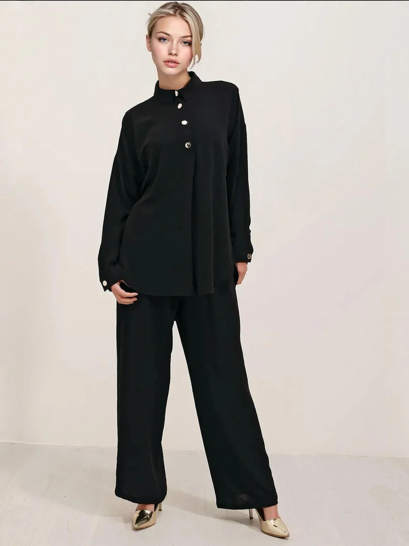 بيغ دارت BDART Textured Long Sleeve Button-Up Shirt and Wide Leg Pants Set