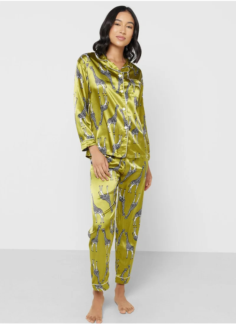جينجر Printed Satin Shirt & Pyjama Set