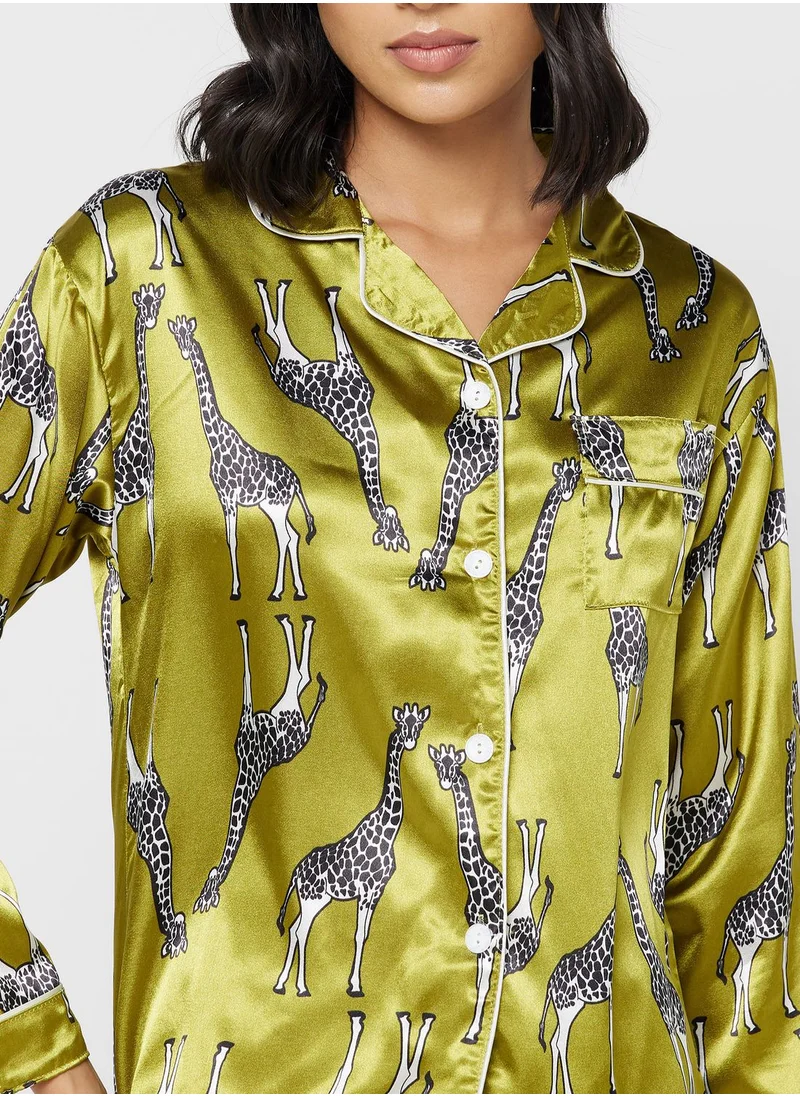 جينجر Printed Satin Shirt & Pyjama Set