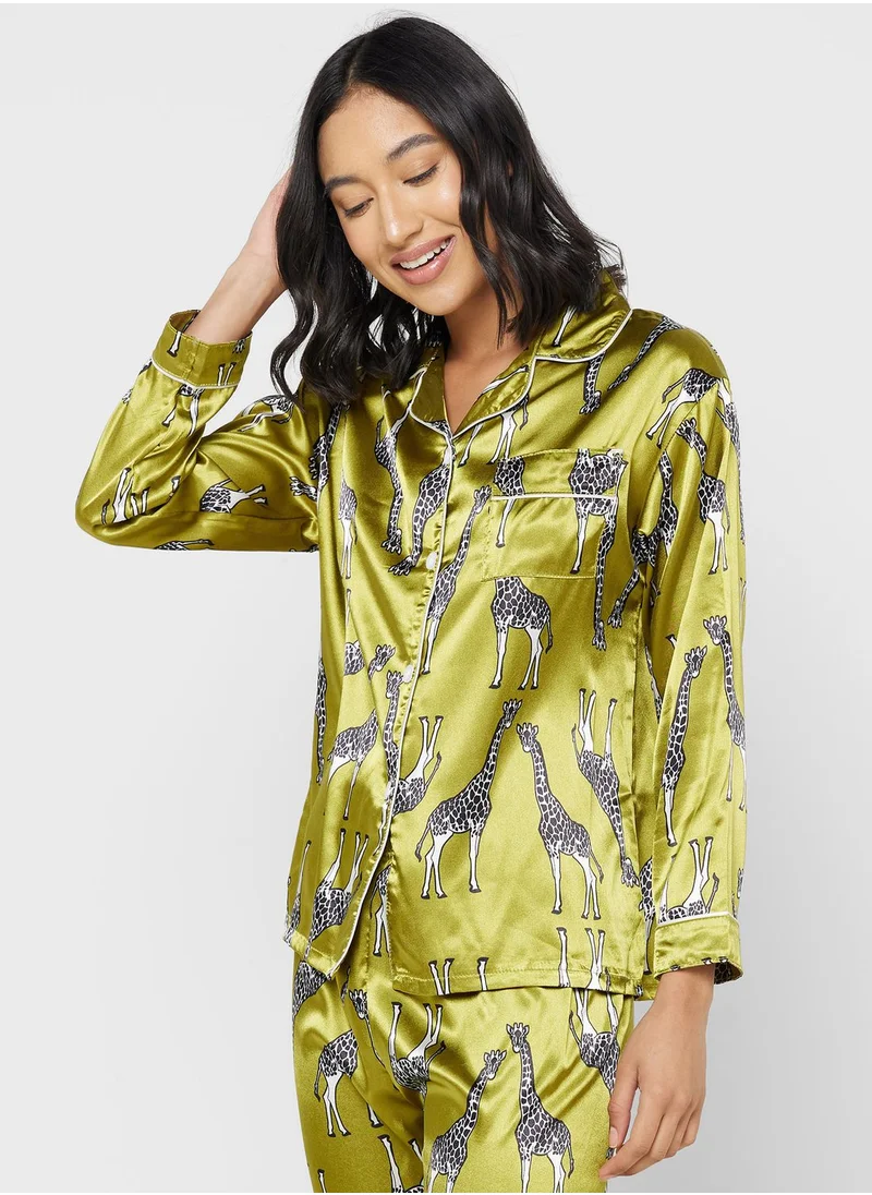 جينجر Printed Satin Shirt & Pyjama Set
