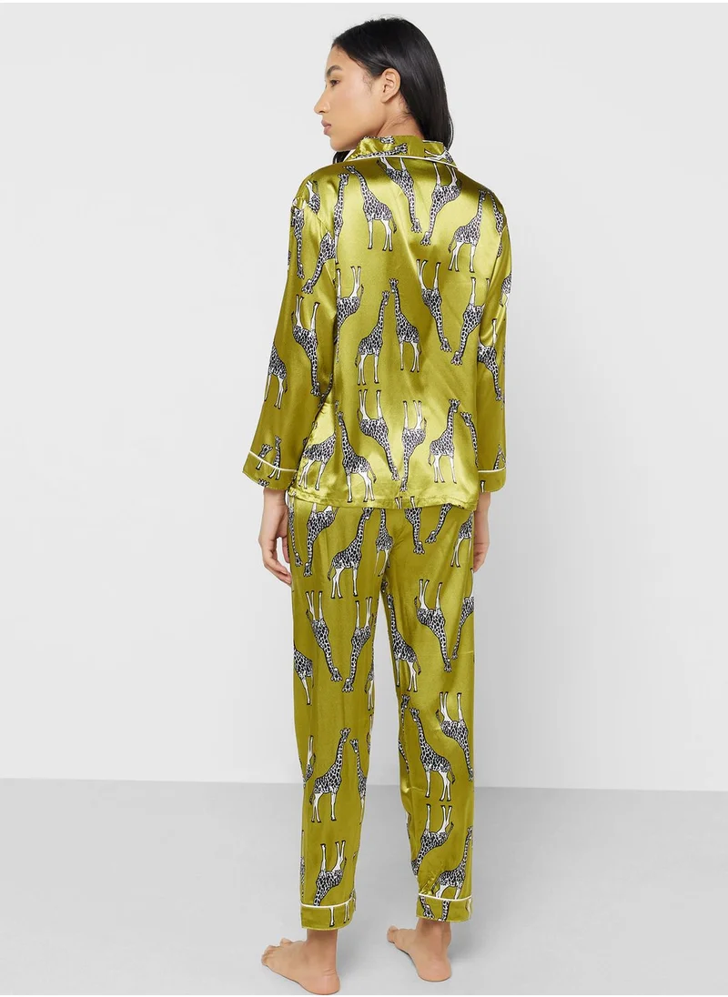 جينجر Printed Satin Shirt & Pyjama Set