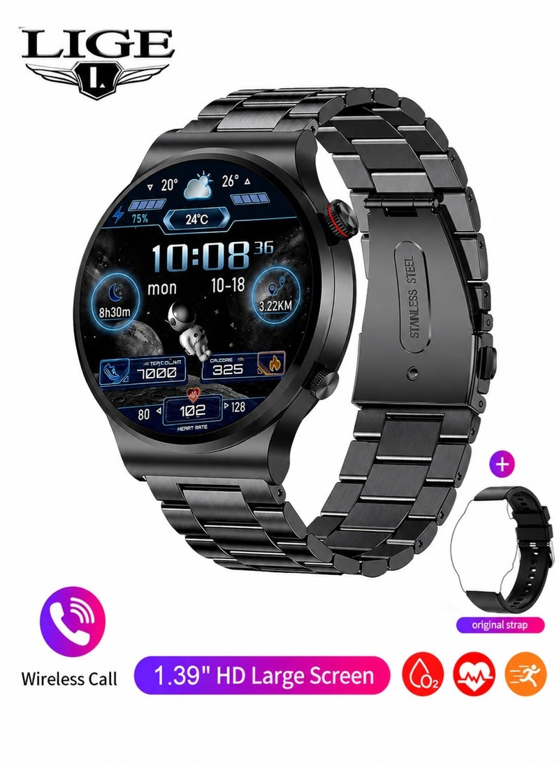 LIGE Top Brand Fashion premium Smartwatch 1.39-Inch HD Screen 360*360px ,Multiple Sports Modes ,Online Wireless Calling ,Sleep Monitoring ,IP67 Waterproof Stainless Steel 290mAh Large Battery Capacity Mens Wristwatches Gifts Black - Image 1