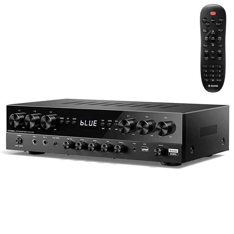 Donner Stereo Receivers, Premium 1000W Peak Power 6 Channel Audio Amplifier with Bluetooth 5.3, USB, FM, 2 Mic-in, Echo, RCA, Optical/Coaxial Input for Home, Karaoke, Theater Speakers, MAMP6 - Image 1