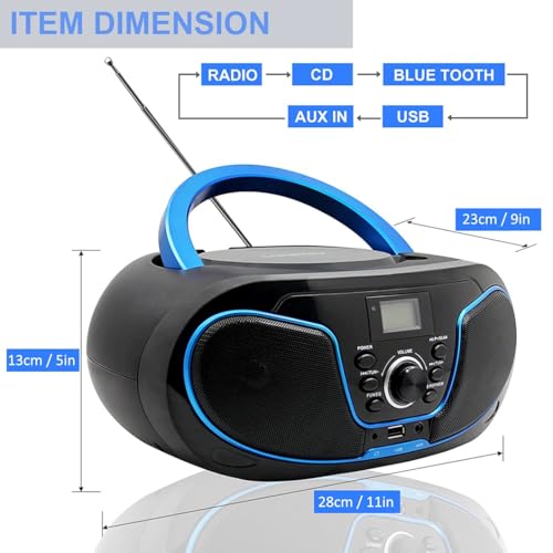 LONPOO CD Player Boombox, LP-D02 Portable Bluetooth FM Radio Stereo Sound System with Crystal-Clear Sound, MP3 Playback, USB Input, AUX Input, Headphone Jack, LCD Display, AC DC Operated - Image 4