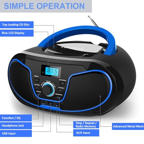 LONPOO CD Player Boombox, LP-D02 Portable Bluetooth FM Radio Stereo Sound System with Crystal-Clear Sound, MP3 Playback, USB Input, AUX Input, Headphone Jack, LCD Display, AC DC Operated - Image 3