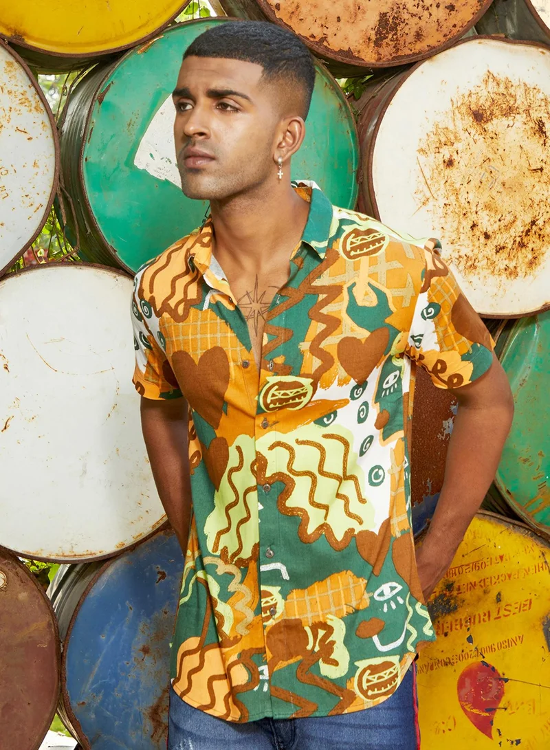 Campus Sutra Men's Mustard Yellow & Forest Green Artistic Romance Shirt