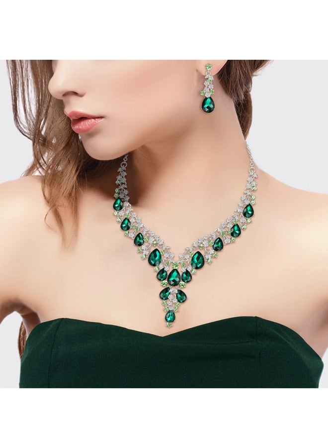 بريلوف طقم مجوهرات نسائي لحفلات الزفاف والزفاف مكون من قلادة وأقراط متدلية على شكل دمعة من الكريستال النمساوي باللون الفضي الزمردي - Image 2
