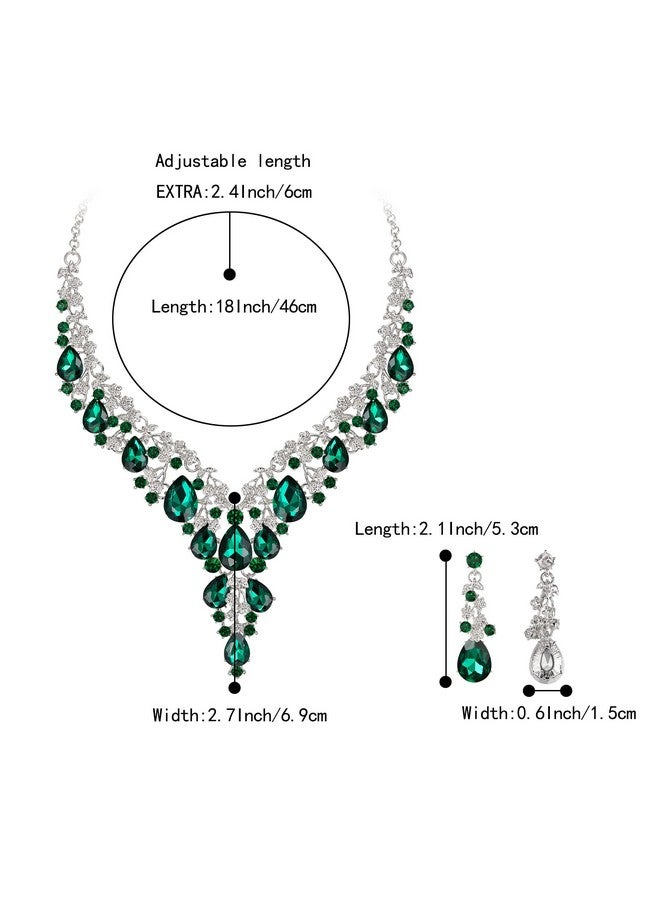 بريلوف طقم مجوهرات نسائي لحفلات الزفاف والزفاف مكون من قلادة وأقراط متدلية على شكل دمعة من الكريستال النمساوي باللون الفضي الزمردي - Image 5