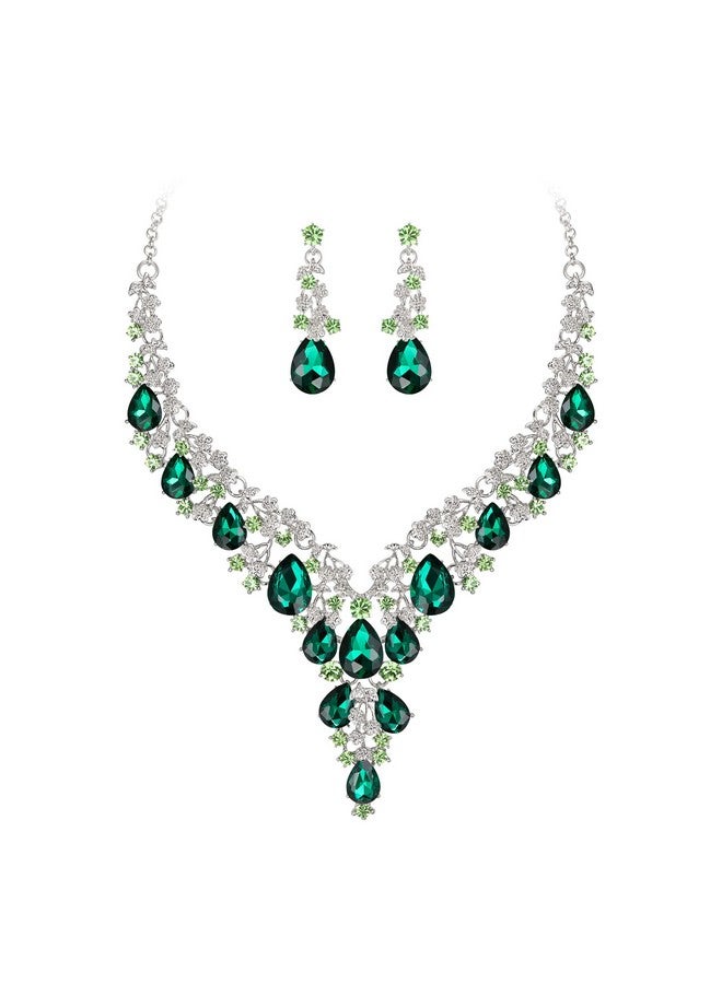 بريلوف طقم مجوهرات نسائي لحفلات الزفاف والزفاف مكون من قلادة وأقراط متدلية على شكل دمعة من الكريستال النمساوي باللون الفضي الزمردي - Image 1