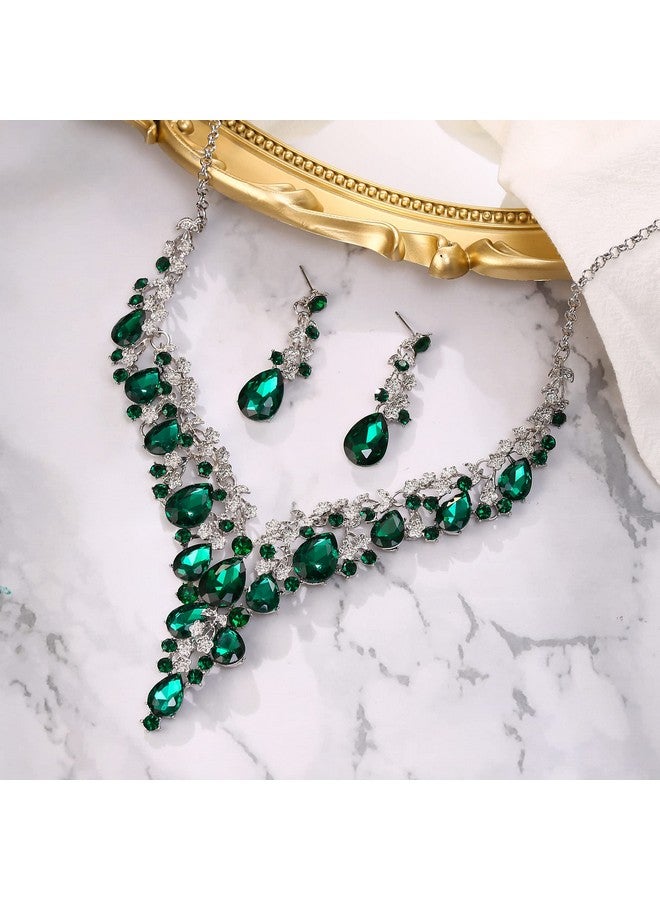 بريلوف طقم مجوهرات نسائي لحفلات الزفاف والزفاف مكون من قلادة وأقراط متدلية على شكل دمعة من الكريستال النمساوي باللون الفضي الزمردي - Image 4