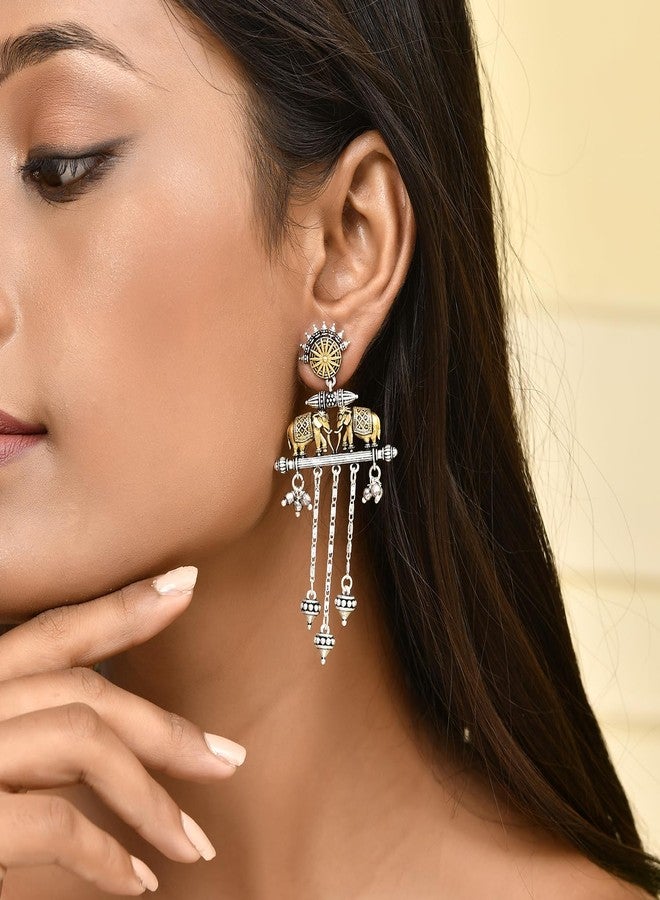 Voylla Qasbah Oxidised Two Tone Stud Earrings For Women, Oxidised Dangler Earrings For Women, Dual Tone, Everyday, Festive, Diwali, Karwachauth, Gift For Her (Haathi Mere Sathi) - Image 3