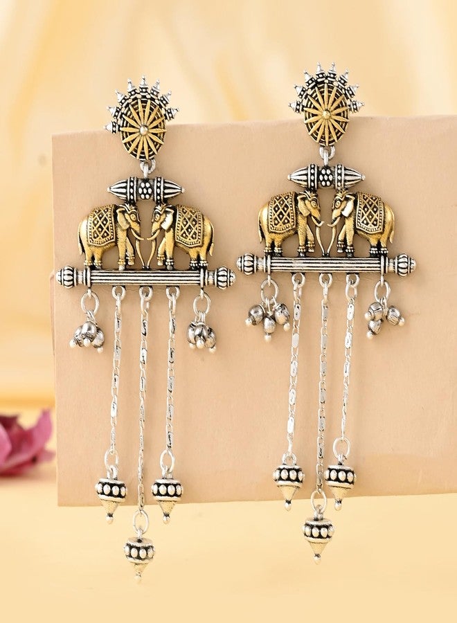 Voylla Qasbah Oxidised Two Tone Stud Earrings For Women, Oxidised Dangler Earrings For Women, Dual Tone, Everyday, Festive, Diwali, Karwachauth, Gift For Her (Haathi Mere Sathi) - Image 2