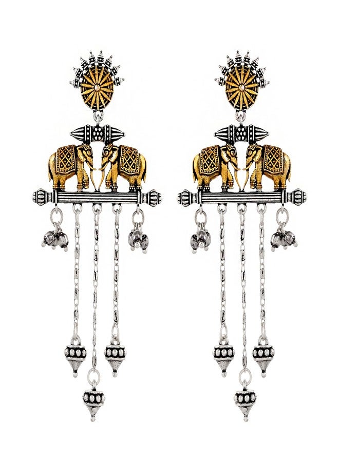 Voylla Qasbah Oxidised Two Tone Stud Earrings For Women, Oxidised Dangler Earrings For Women, Dual Tone, Everyday, Festive, Diwali, Karwachauth, Gift For Her (Haathi Mere Sathi) - Image 4