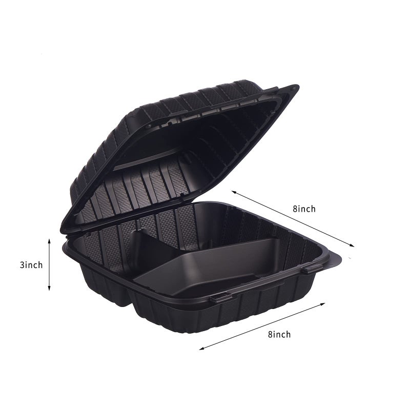 FULING 8X8" 3-Compartment 50-Pack Plastic Clamshell Takeout Food Trays Heavy Duty Togo Disposable Box For Pasta Salad Sandwich Carryout Meal Prep Packaging Catering Hinged Containers With Secure Snap Lid - Image 2