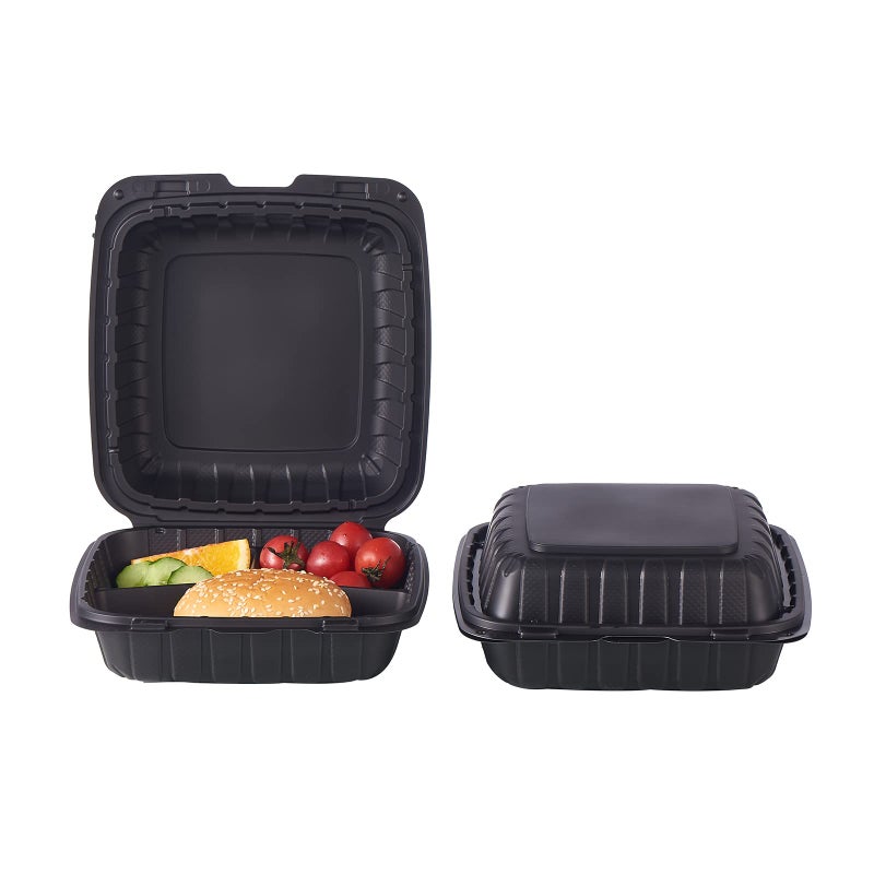 FULING 8X8" 3-Compartment 50-Pack Plastic Clamshell Takeout Food Trays Heavy Duty Togo Disposable Box For Pasta Salad Sandwich Carryout Meal Prep Packaging Catering Hinged Containers With Secure Snap Lid - Image 3