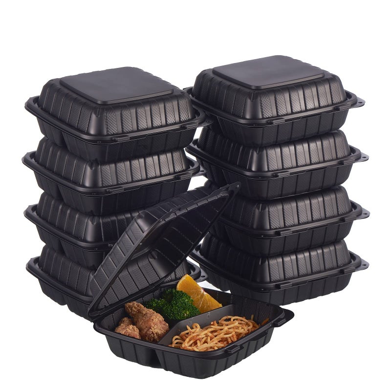 FULING 8X8" 3-Compartment 50-Pack Plastic Clamshell Takeout Food Trays Heavy Duty Togo Disposable Box For Pasta Salad Sandwich Carryout Meal Prep Packaging Catering Hinged Containers With Secure Snap Lid - Image 1