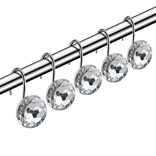 HBlife 12 Pcs Acrylic Decorative Rolling Diamond Shower Curtain Hooks Rust Proof Rhinestones Crystal Bling Shower Curtain Hooks for Curtain and Shower Rod, Clear Round - Image 1