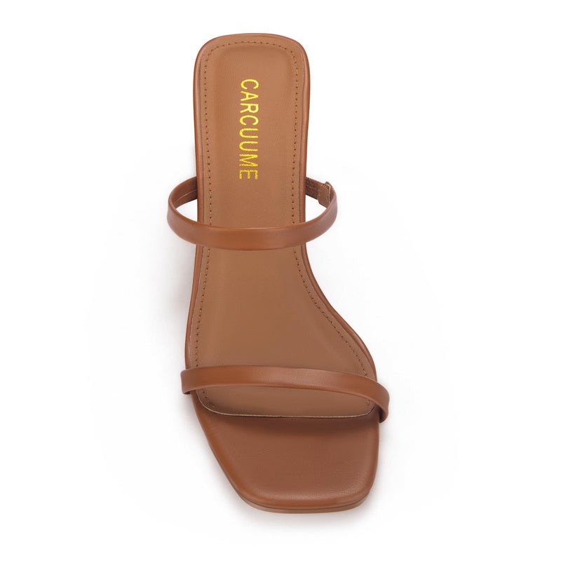 Carcuume Women's Square Toe Two Strap Open Toe Block Heels Sandals Slip On Shoes,Brown Pu,8,O1 - Image 4