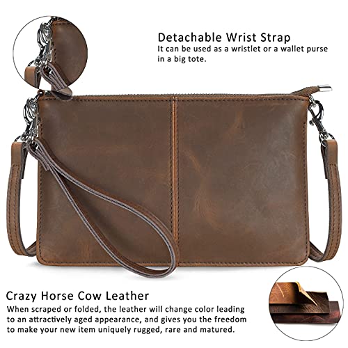 befen Vintage Brown Crazy Horse Leather Wristlet Clutch Wallet Purse Small Crossbody Bag for Women with RFID Card Slots（Brown - Crazy Horse Leather） - Image 4