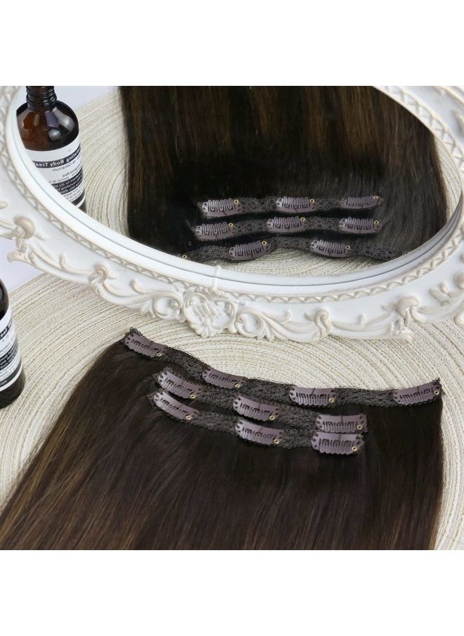 Sunny Hair Sunny Clip in Human Hair Extensions Brown Ombre Clip in Hair Extensions Thick End Balayage Clip in Hair Extensions Dark Brown Ombre Medium Brown 3Pcs 14inch 70g 