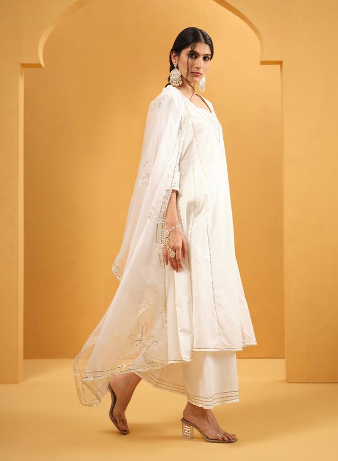 ISHIN Women's White Cotton Embellished A-Line Tunic Upperwear Calf Length Palazzo Bottomwear Flowy 3 Peice Kurta Set - Image 3