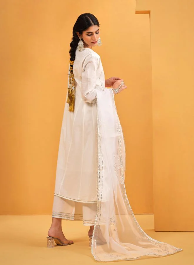 ISHIN Women's White Cotton Embellished A-Line Tunic Upperwear Calf Length Palazzo Bottomwear Flowy 3 Peice Kurta Set