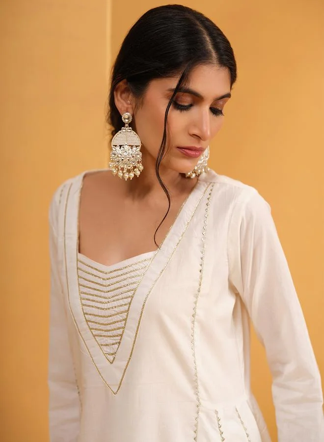 ISHIN Women's White Cotton Embellished A-Line Tunic Upperwear Calf Length Palazzo Bottomwear Flowy 3 Peice Kurta Set